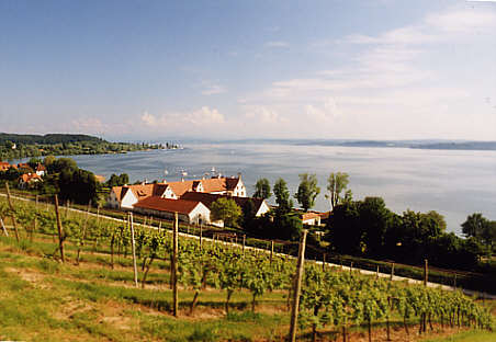 Blick von der Terrasse vor der Klosterkirche auf den Überlinger See in Richtung Unteruhldingen. Im Vordergrund das Hoifgut Maurach, im Hintergrund an der Landspitze das Pfahlbaumusweum Unteruhldingen 