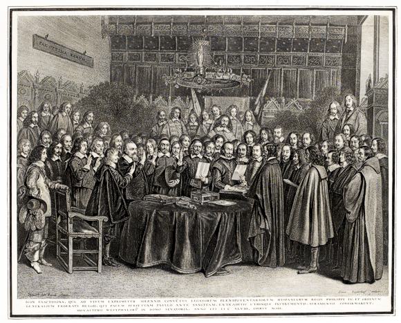 Jonas Suyderhoef (Suyderhoff) (Haarlem um 1613 – vor 1686 Haarlem)nach Gerard ter Borch (Zwolle 1617–1681 Deventer), Die Beeidigung der Ratifikation des Spanisch-Niederländischen Friedensvertrages am 15. Mai 1648 im Rathaussaal zu Münster, 1648, Kupferstich auf rohweißem BüttenBlatt: 46,8 x 57,9 cm, Staatsgalerie Stuttgart, Graphische Sammlung 