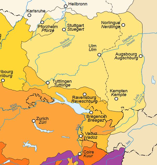 Ausschnitt aus der Karte "Répartition géographique de l'allémanique en 1950". Wikimedia Commons/ Chlämens CC-BY-SA