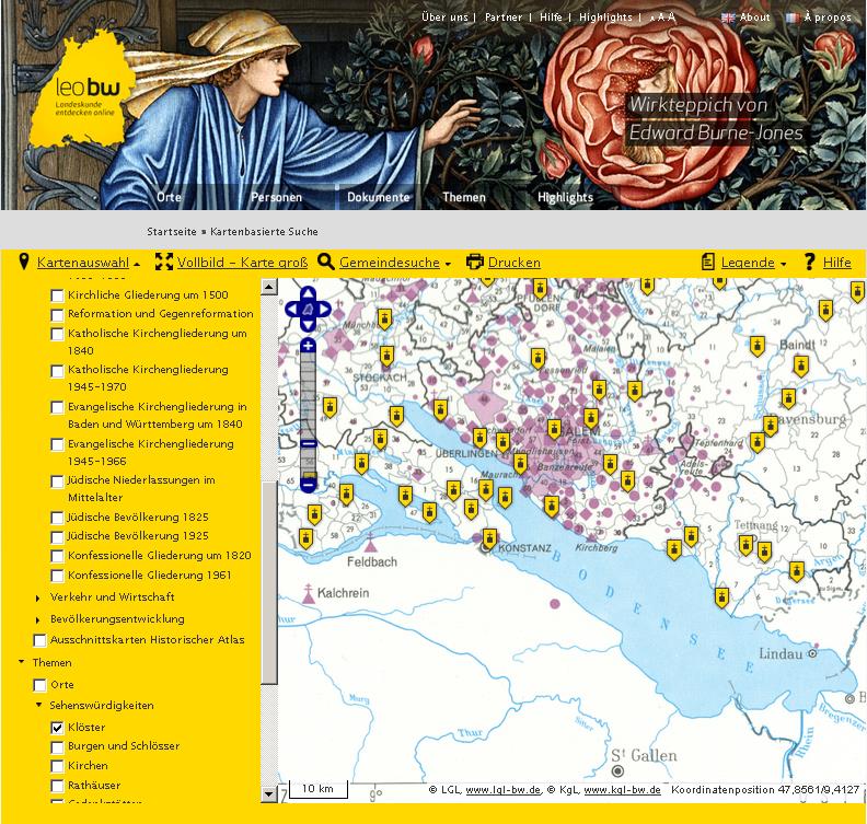 LEO-BW-Kartenmodul mit einer Karte des "Historischen Atlas von Baden-W&uuml;rttemberg" und eingeblendeten Kl&ouml;stern.