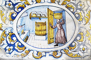 Kachel vom Fayence-Ofen im Sommer-Refektorium der Mönche mit Darstellung einer Bäckerei 