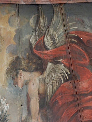 Der Verkündigungsengel unmittelbar auf die gewölbten Holzbretter gemalt, nach Reinigung und Abnahme der Übermalungen | Bild: Claudia Gerner-Beuerle