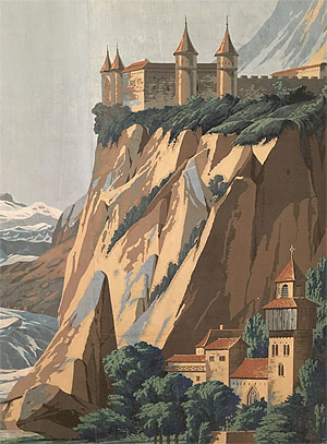 "Schloss Grandson" aus der Panoramatapete von 1804 im Appartement der Reichsgräfin von Hochberg