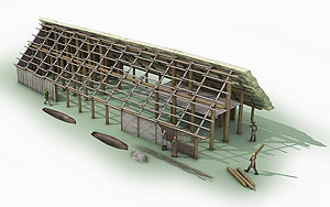 Rekonstruktion eines linearbandkeramischen Langhauses. Bild: M. Steffen, Landesamt für Denkmalpflege im Regierungspräsidium Stuttgart