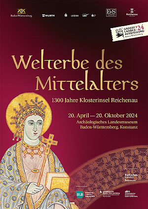 Plakat zur Ausstellung. © Badisches Landesmuseum, Grafik: Danica Schlosser / Abb.: Universitätsbibliothek Heidelberg, Cod. Sal. IXb, Petershausener Sakramentar, fol. 40v.